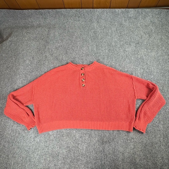 American Eagle Sweater Womens Large Coral Cropped Henley Y2K Coquette Streetwear - Picture 7 of 12